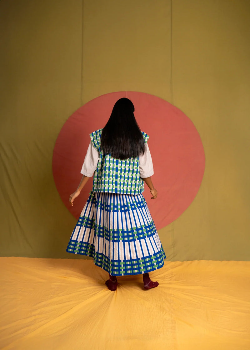 Che Simp Skirt-Grey, Green and Ink Blue cotton skirt by Ka-Sha in green for women in Singapore