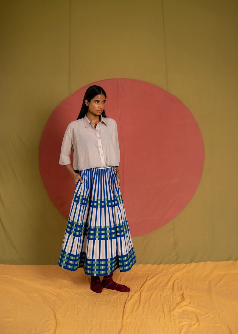 Che Simp Skirt-Grey, Green and Ink Blue cotton skirt by Ka-Sha in green for women in Singapore