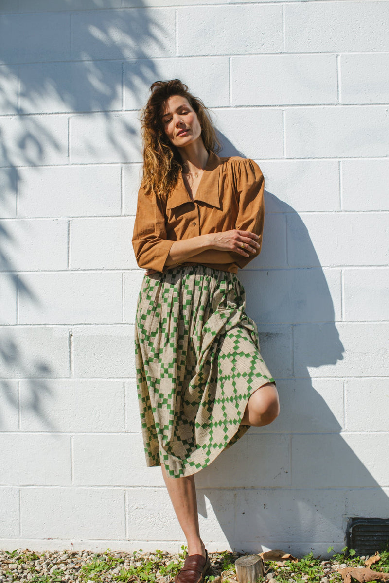 The Joy Skirt — Checks cotton by World of Crow in green color for women in Singapore