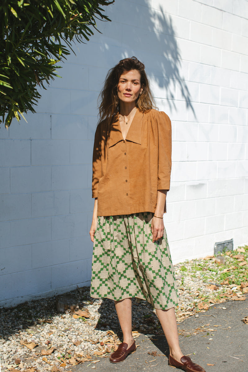 The Joy Skirt — Checks cotton by World of Crow in green color for women in Singapore