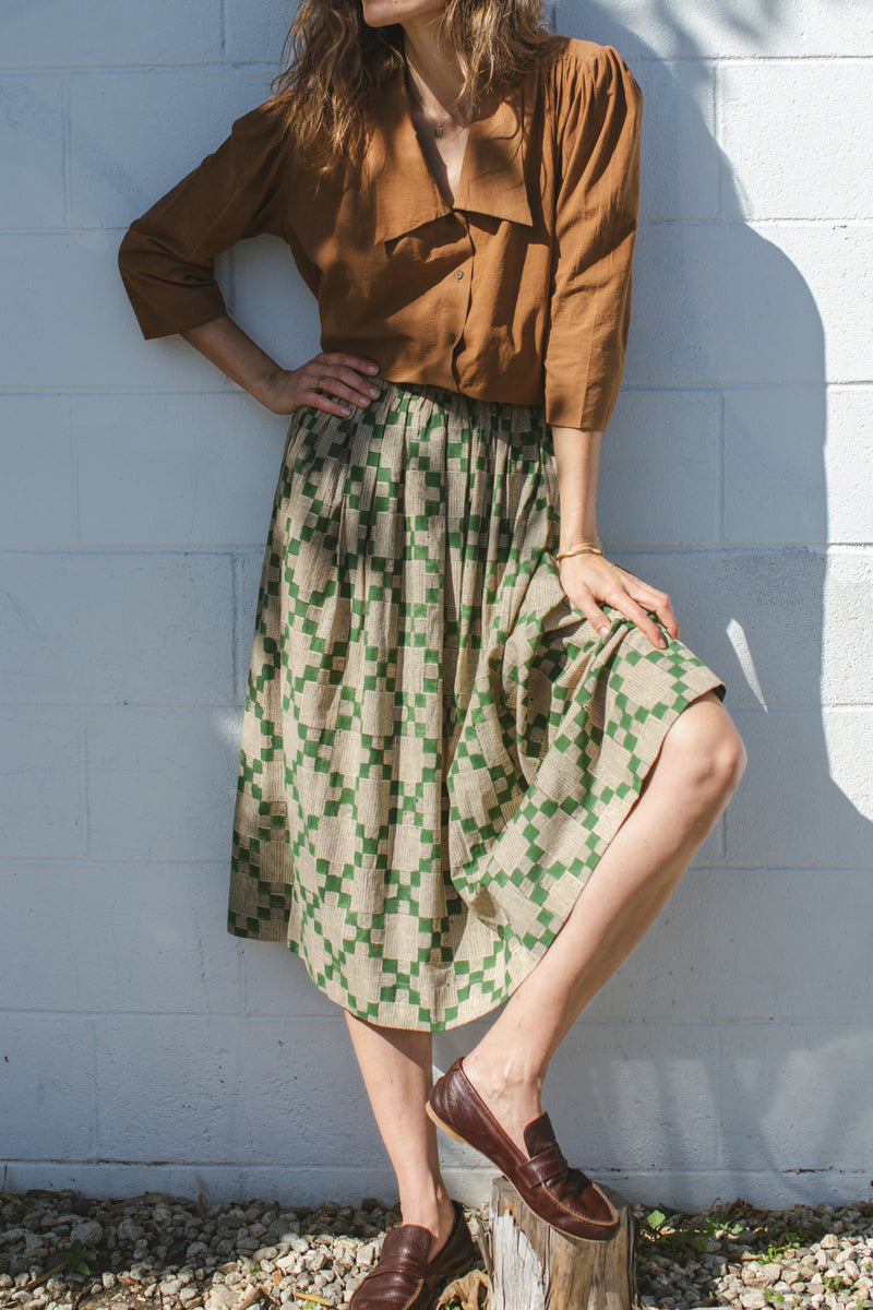 The Joy Skirt — Checks cotton by World of Crow in green color for women in Singapore