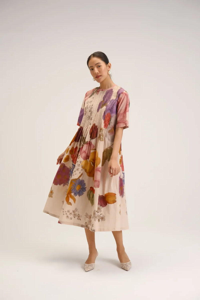 Cherimoya Pinktucks Dress cotton dress by YAM in multi-color for women in Singapore