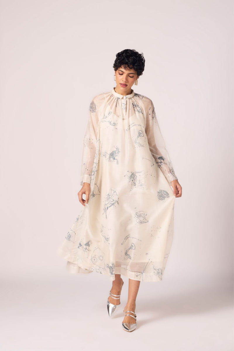 Cheryl Zodiac Print Handwoven Dress chanderi by The Summer House in white color for women in Singapore