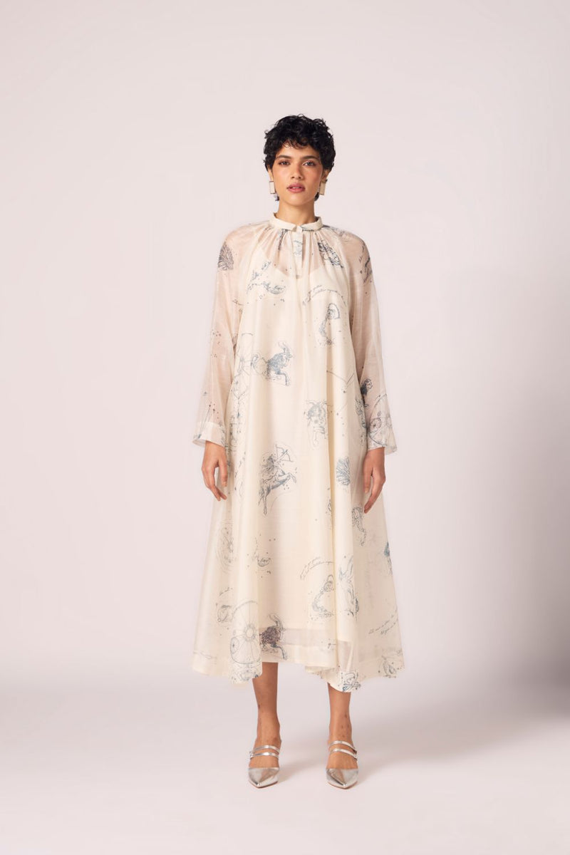 Cheryl Zodiac Print Handwoven Dress chanderi by The Summer House in white color for women in Singapore