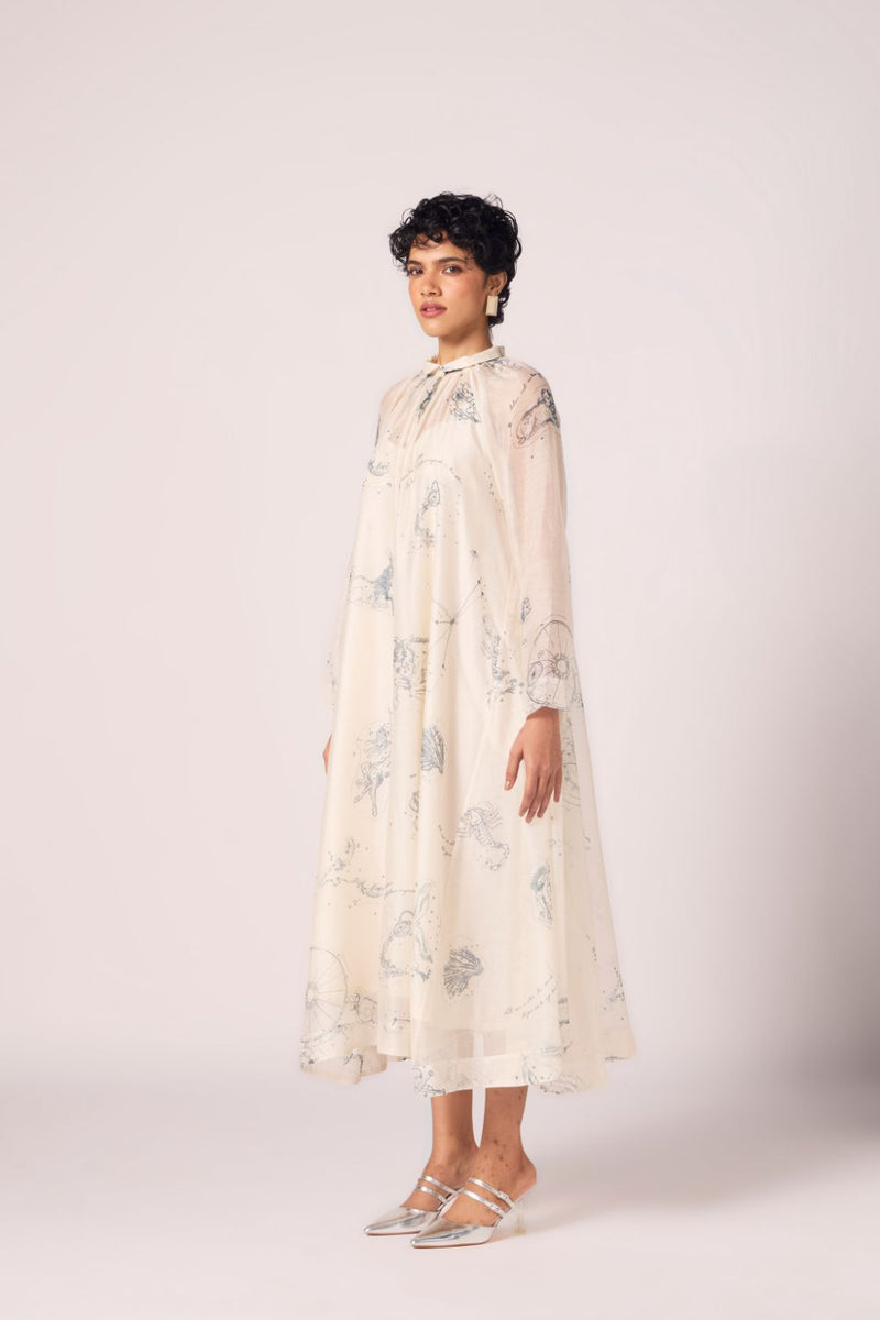 Cheryl Zodiac Print Handwoven Dress chanderi by The Summer House in white color for women in Singapore