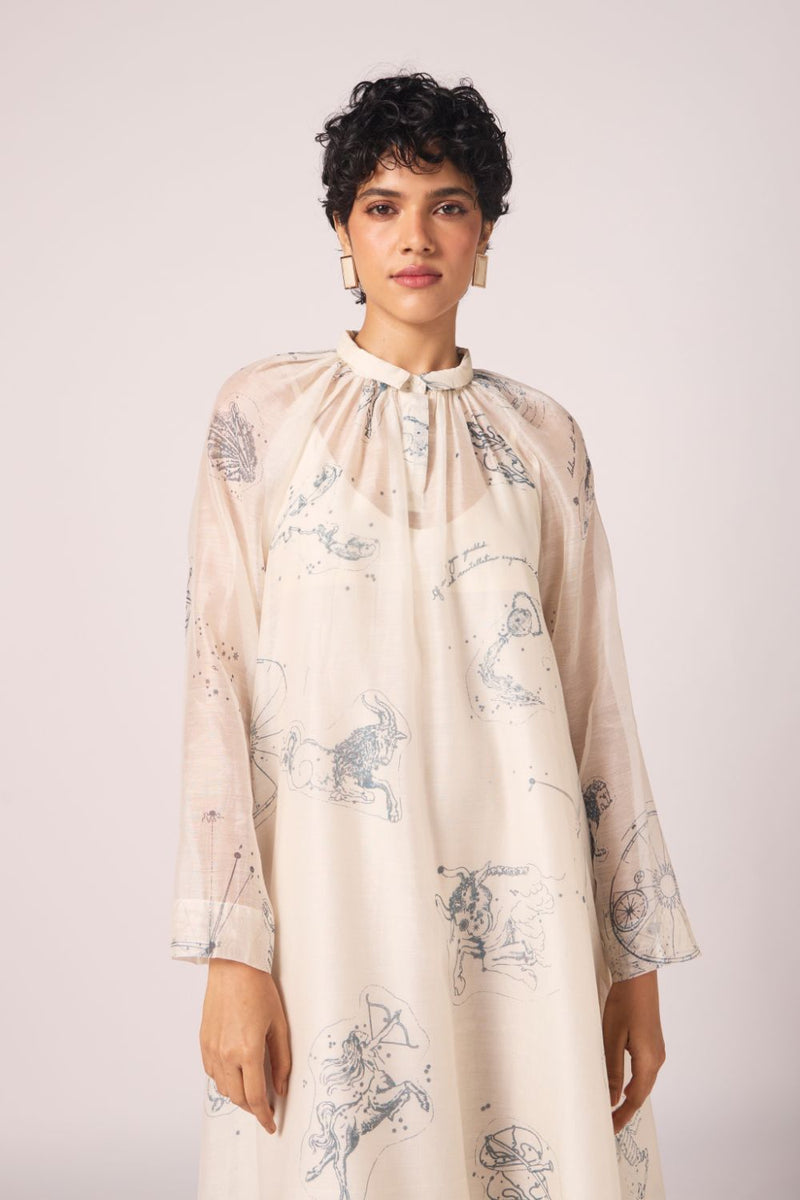 Cheryl Zodiac Print Handwoven Dress chanderi by The Summer House in white color for women in Singapore