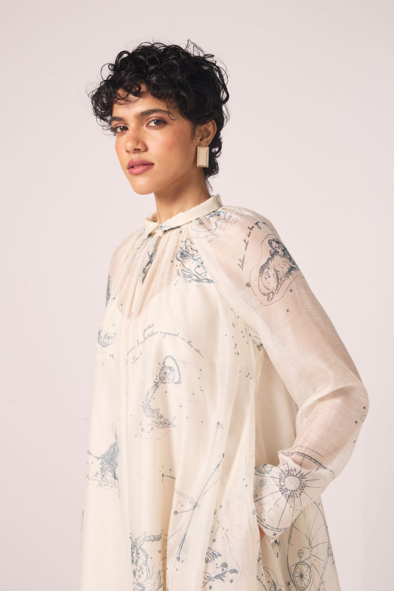 Cheryl Zodiac Print Handwoven Dress chanderi by The Summer House in white color for women in Singapore