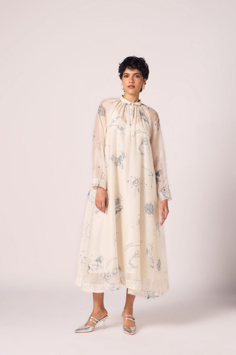 Cheryl Zodiac Print Handwoven Dress chanderi by The Summer House in white color for women in Singapore