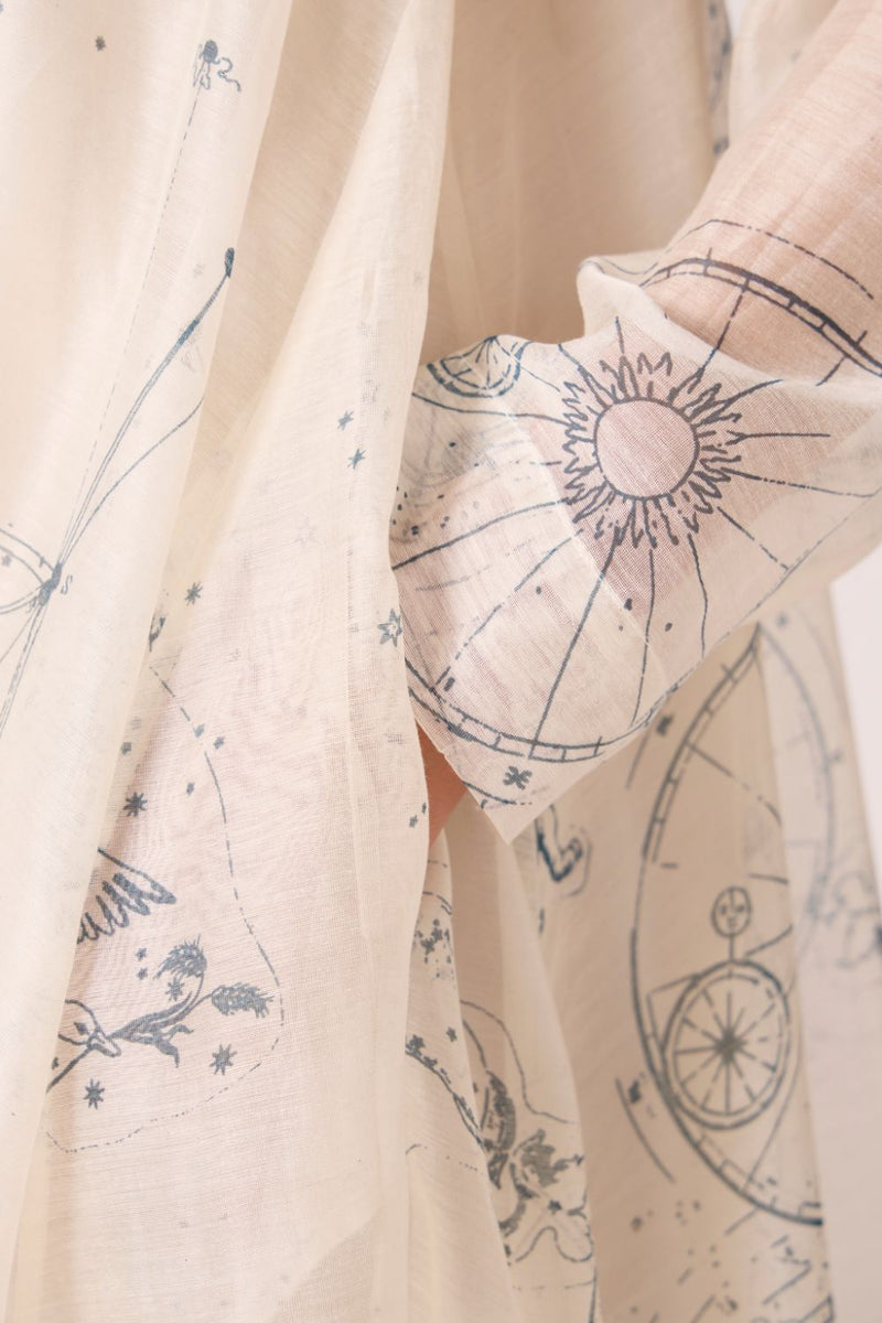 Cheryl Zodiac Print Handwoven Dress chanderi by The Summer House in white color for women in Singapore