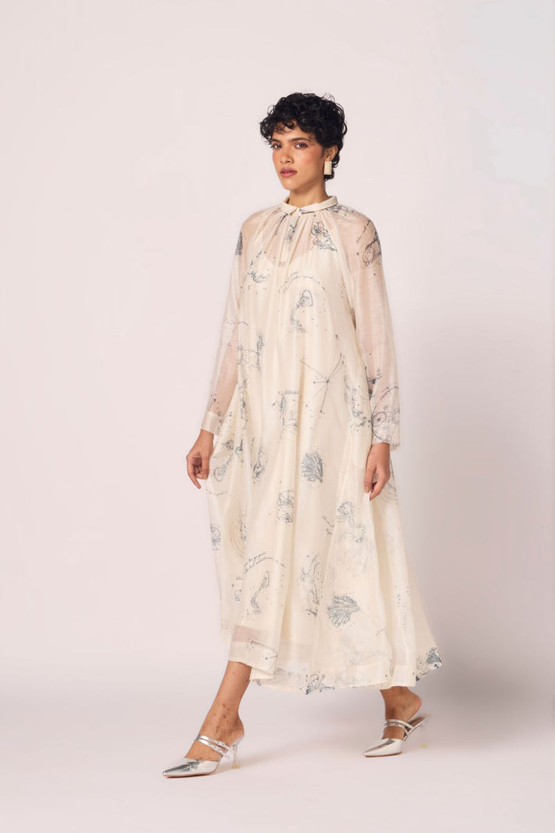 Cheryl Zodiac Print Handwoven Dress chanderi by The Summer House in white color for women in Singapore
