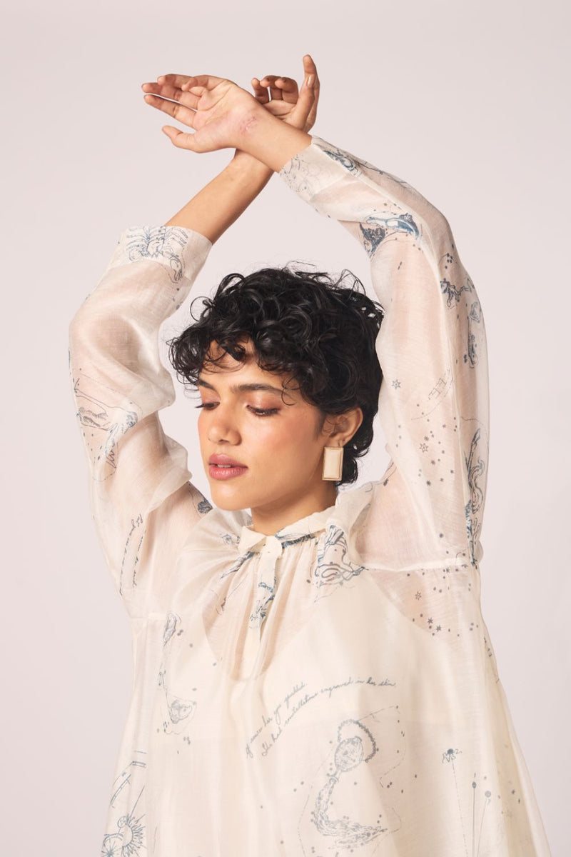 Cheryl Zodiac Print Handwoven Dress chanderi by The Summer House in white color for women in Singapore