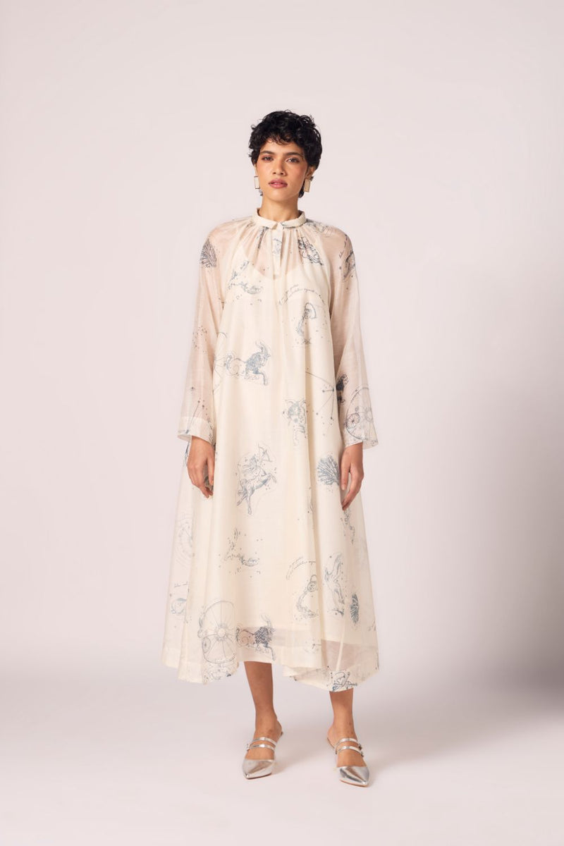 Cheryl Zodiac Print Handwoven Dress chanderi by The Summer House in white color for women in Singapore
