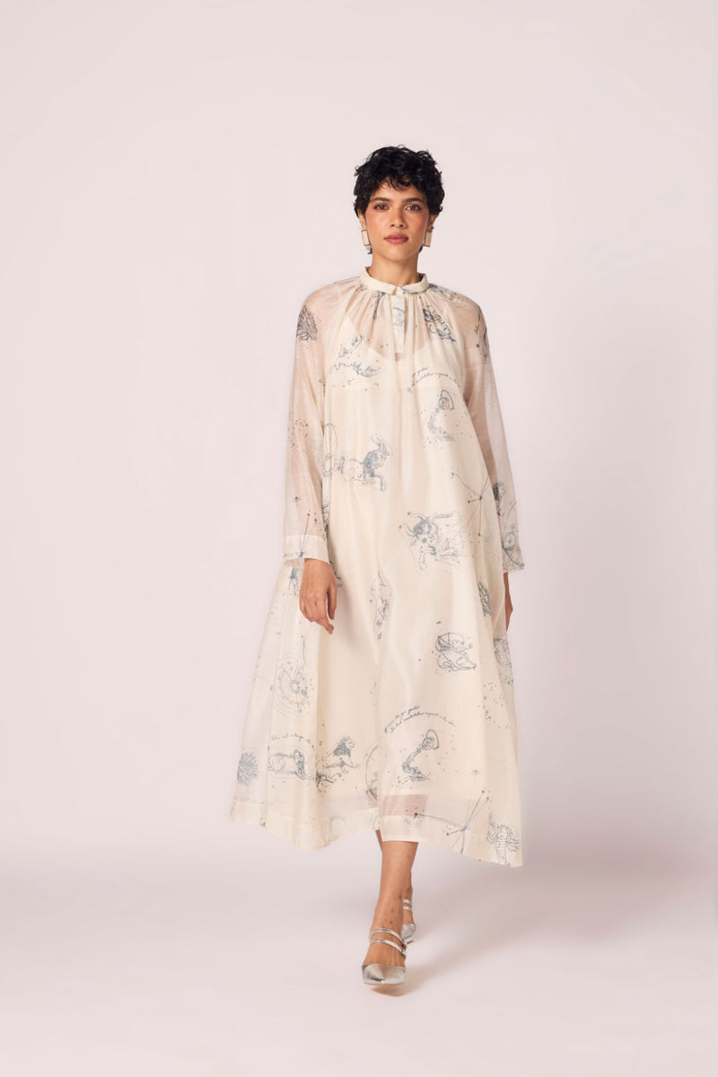 Cheryl Zodiac Print Handwoven Dress chanderi by The Summer House in white color for women in Singapore