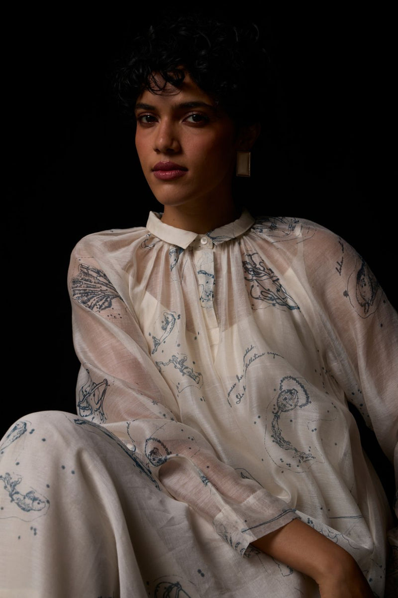 Cheryl Zodiac Print Handwoven Dress chanderi by The Summer House in white color for women in Singapore