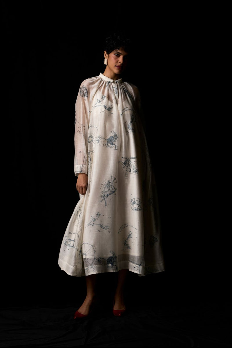 Cheryl Zodiac Print Handwoven Dress chanderi by The Summer House in white color for women in Singapore