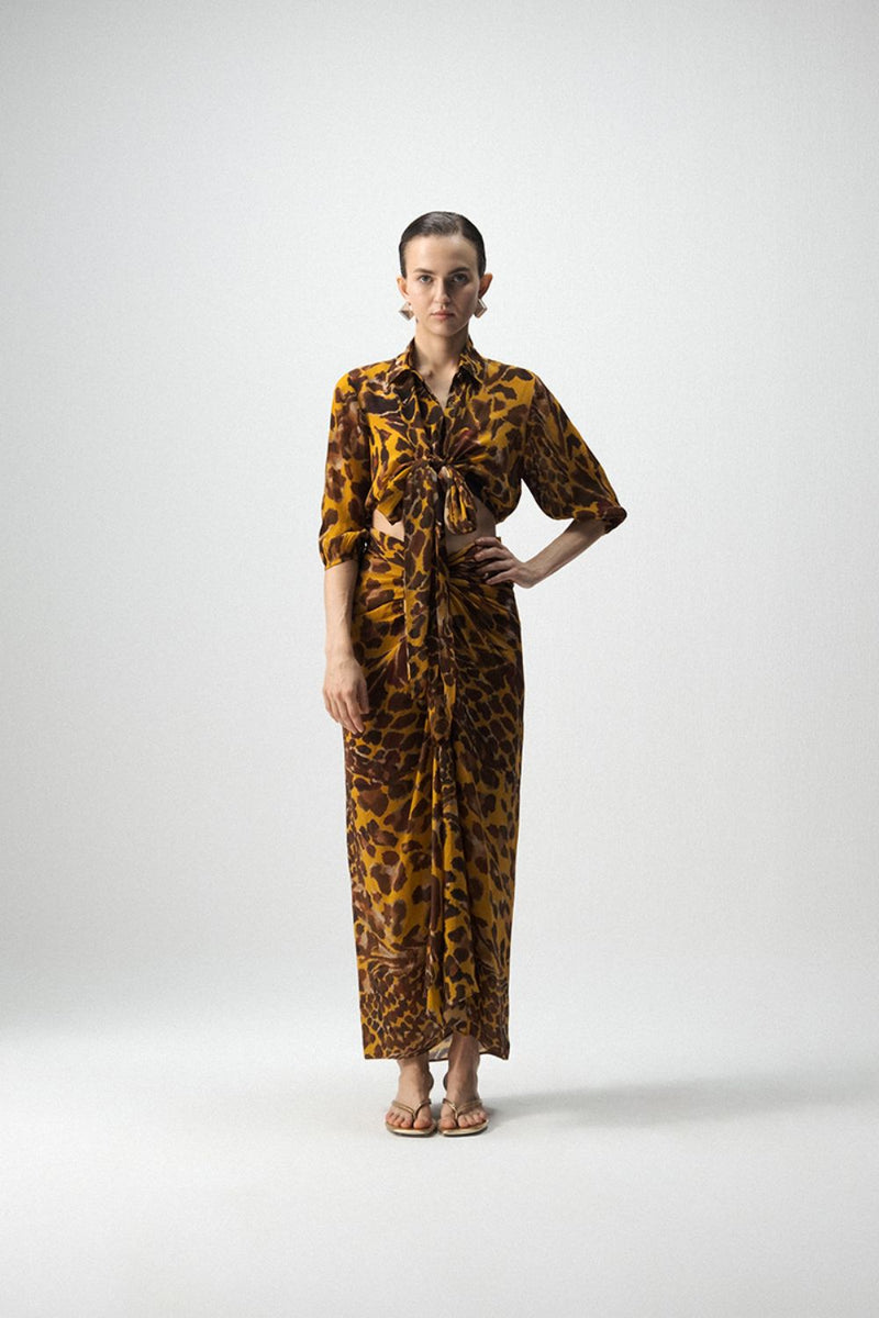 CHITARA TIE UP TOP AND KNOTTED SKIRT SET by Yam in yellow color for women in Singapore