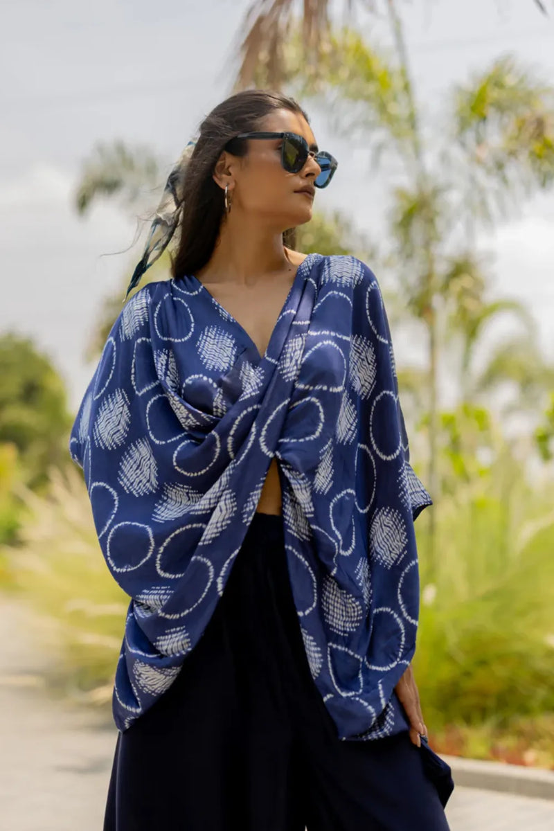 CIR SHIB TWIST TOP-BLUE silk by Dyelogue in blue color for women in Singapore