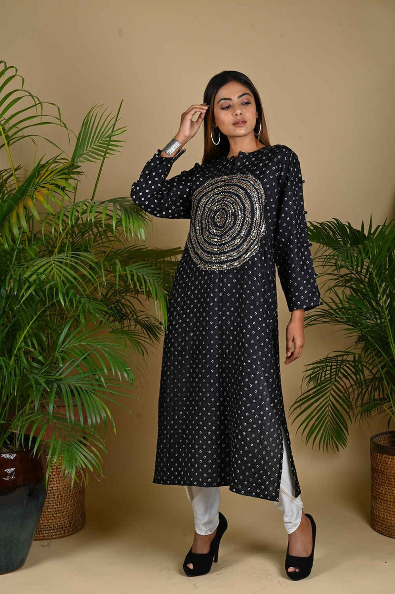 CIRCLE SEQUENCE KURTA-BLACK silk by Dyelogue in black color for women in Singapore