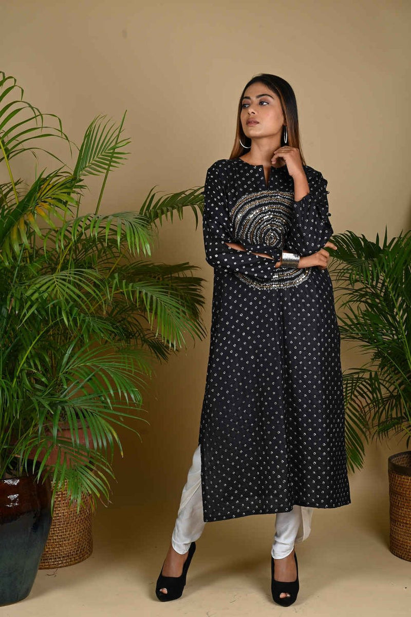 CIRCLE SEQUENCE KURTA-BLACK silk by Dyelogue in black color for women in Singapore