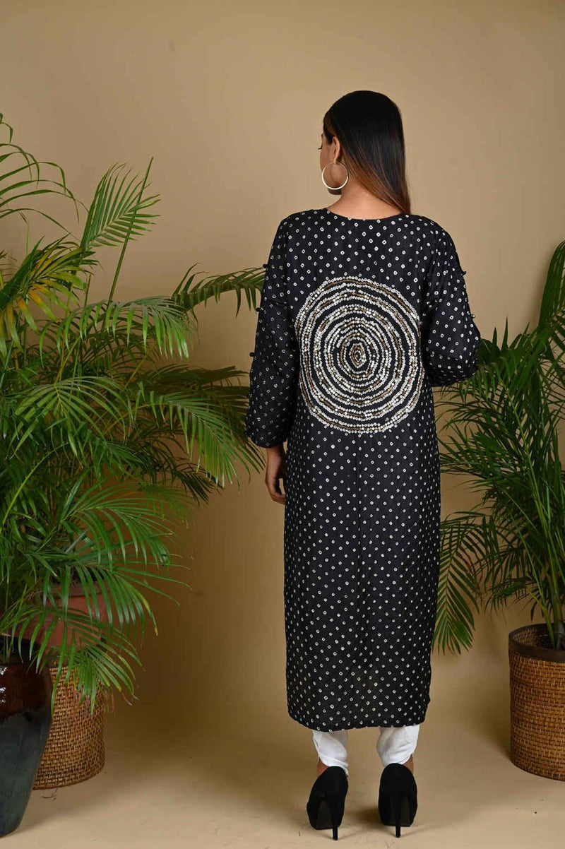 CIRCLE SEQUENCE KURTA-BLACK silk by Dyelogue in black color for women in Singapore