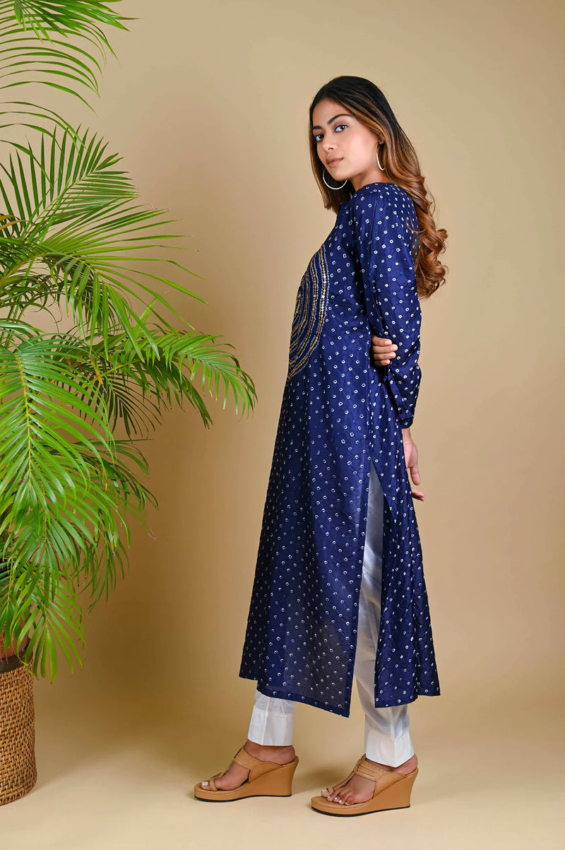 CIRCLE SEQUENCE KURTA-INDIGO BLUE silk by Dyelogue in blue color for women in Singapore