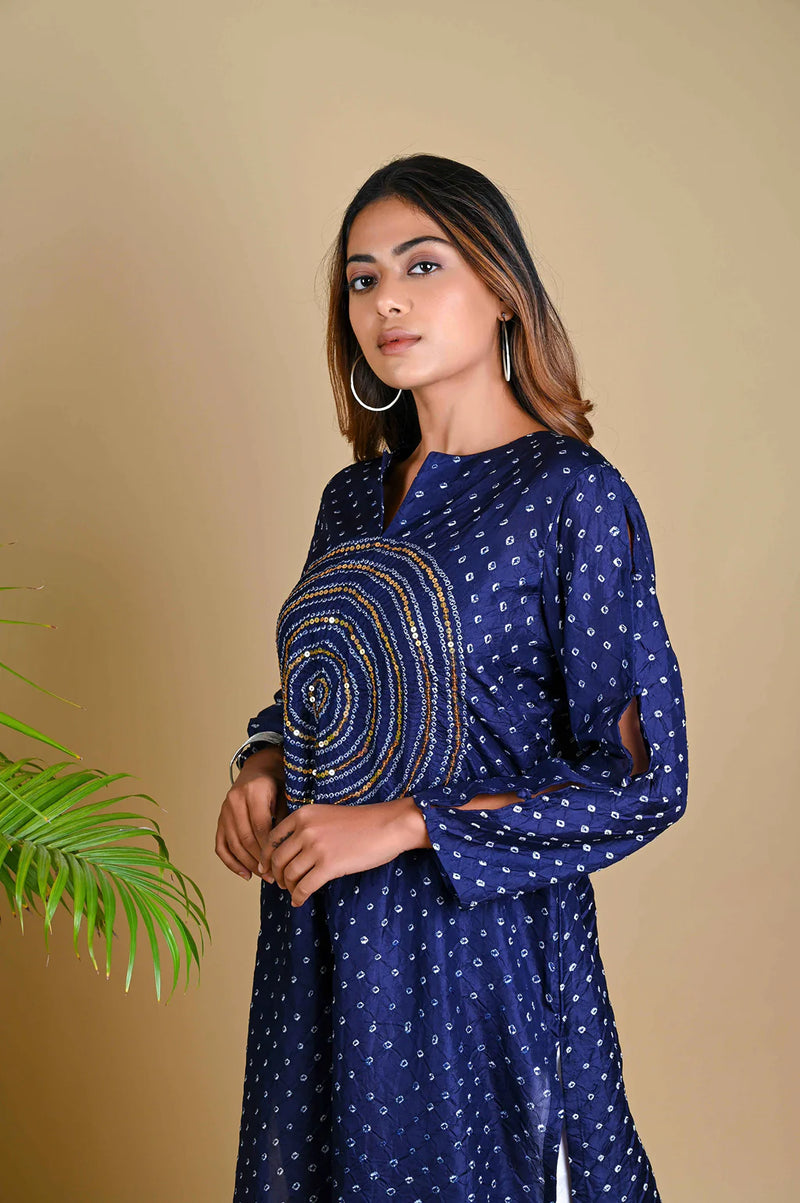 CIRCLE SEQUENCE KURTA-INDIGO BLUE silk by Dyelogue in blue color for women in Singapore