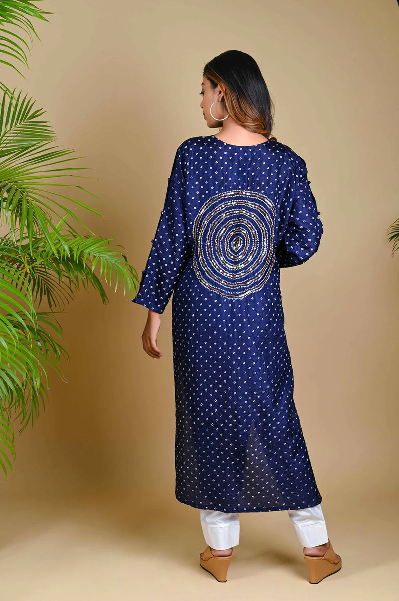 CIRCLE SEQUENCE KURTA-INDIGO BLUE silk by Dyelogue in blue color for women in Singapore