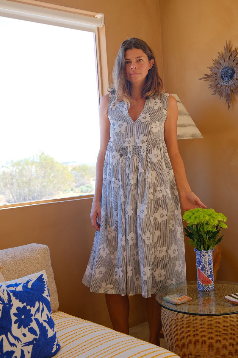 Clara Dress — Bloom Print hand block printed cotton dress by World of Crow in black for women in Singapore