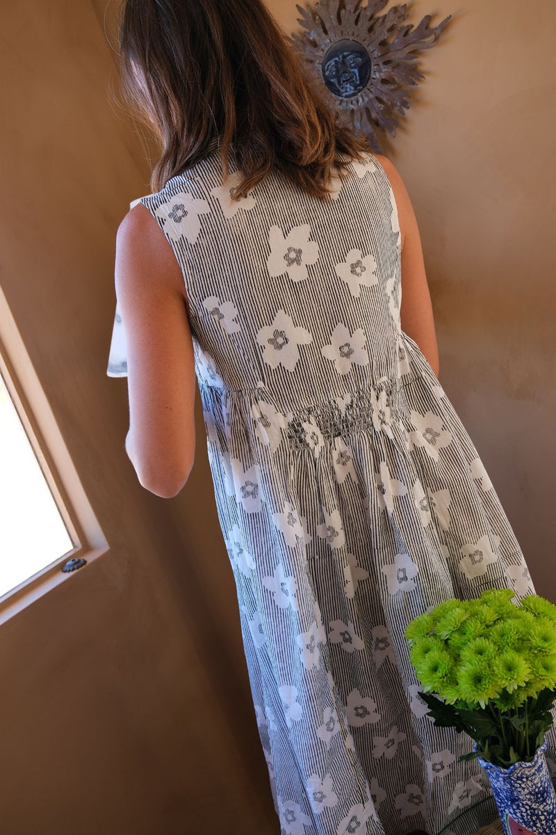 Clara Dress — Bloom Print hand block printed cotton dress by World of Crow in black for women in Singapore