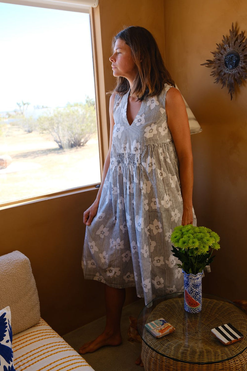 Clara Dress — Bloom Print hand block printed cotton dress by World of Crow in black for women in Singapore