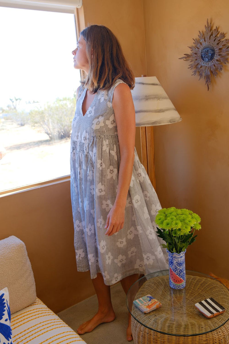 Clara Dress — Bloom Print hand block printed cotton dress by World of Crow in black for women in Singapore