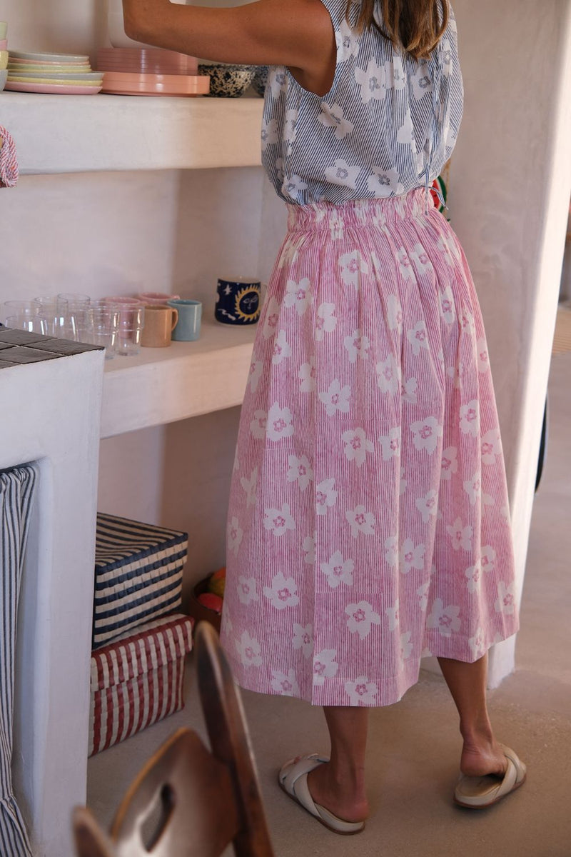 Classic Crow Skirt — Blooming Stripes hand block printed cotton skirt by World of Crow in pink for women in Singapore