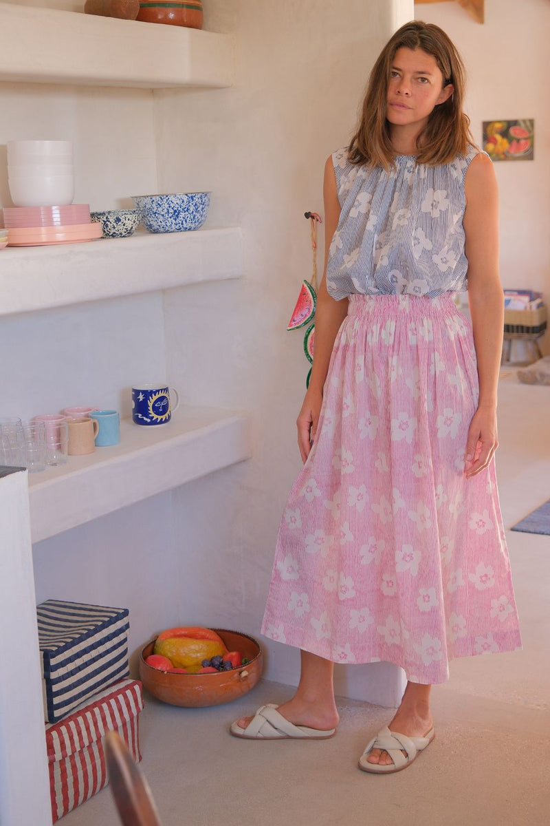 Classic Crow Skirt — Blooming Stripes hand block printed cotton skirt by World of Crow in pink for women in Singapore