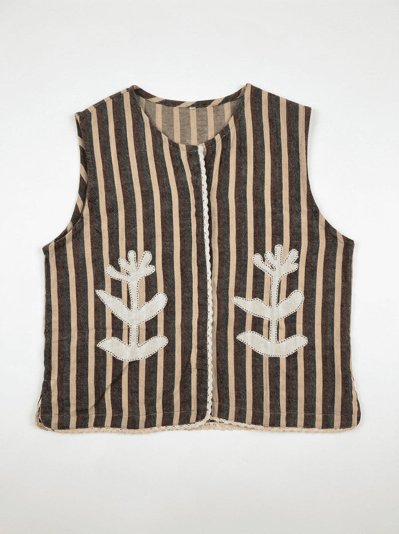 Classic Vest Rust Multi-Appliqué handwoven stripe cotton jacket/overlay by World of Crow in multi-color for women in Singapore