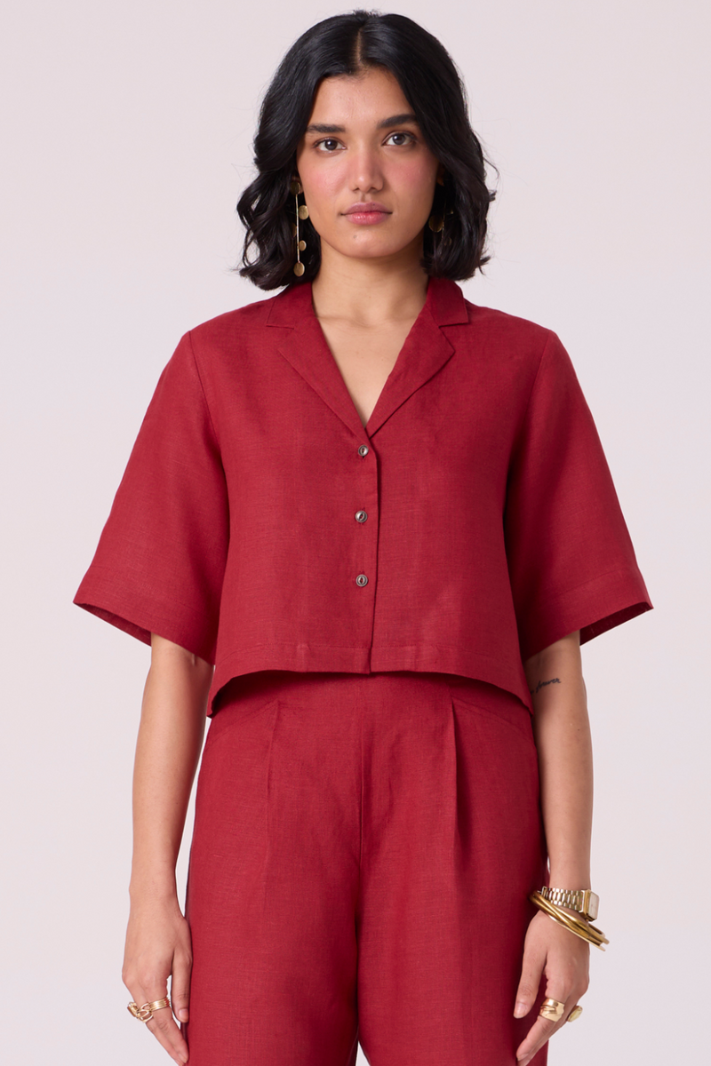 Clyde Red Linen Cropped Shirt all linen by The Summer House in red color for women in Singapore