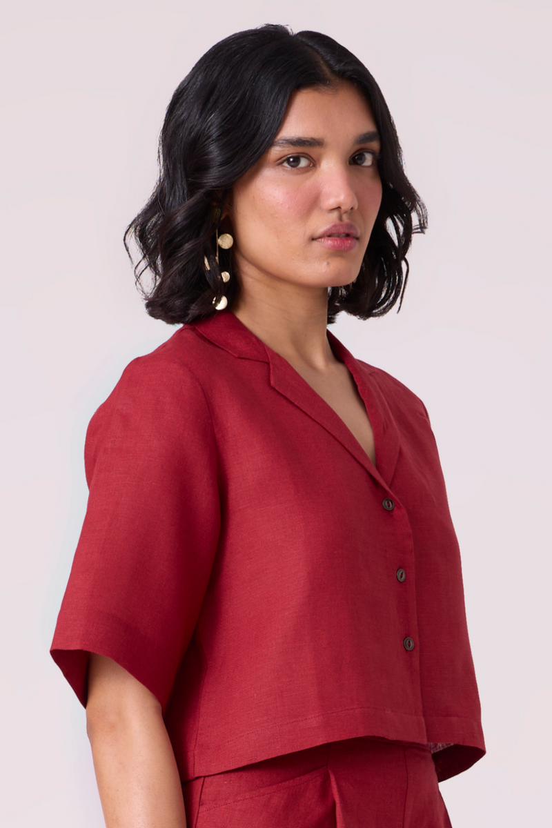 Clyde Red Linen Cropped Shirt all linen by The Summer House in red color for women in Singapore