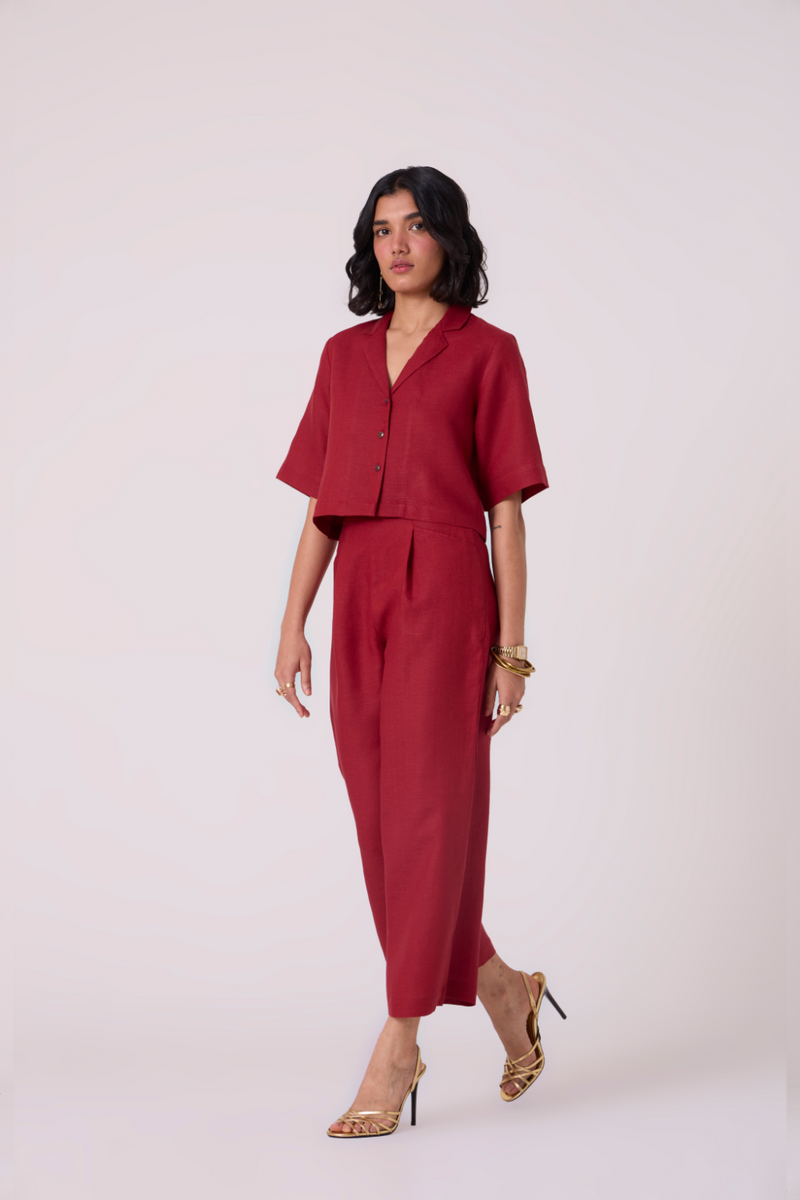 Clyde Red Linen Cropped Shirt all linen by The Summer House in red color for women in Singapore