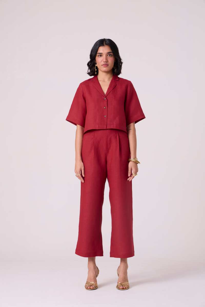 Clyde Red Linen Cropped Shirt all linen by The Summer House in red color for women in Singapore