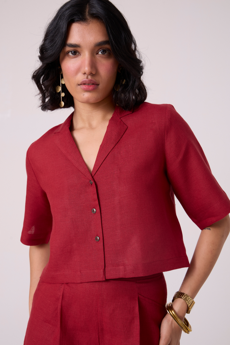 Clyde Red Linen Cropped Shirt all linen by The Summer House in red color for women in Singapore