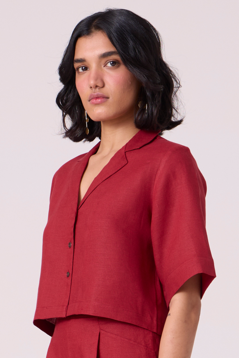 Clyde Red Linen Cropped Shirt all linen by The Summer House in red color for women in Singapore