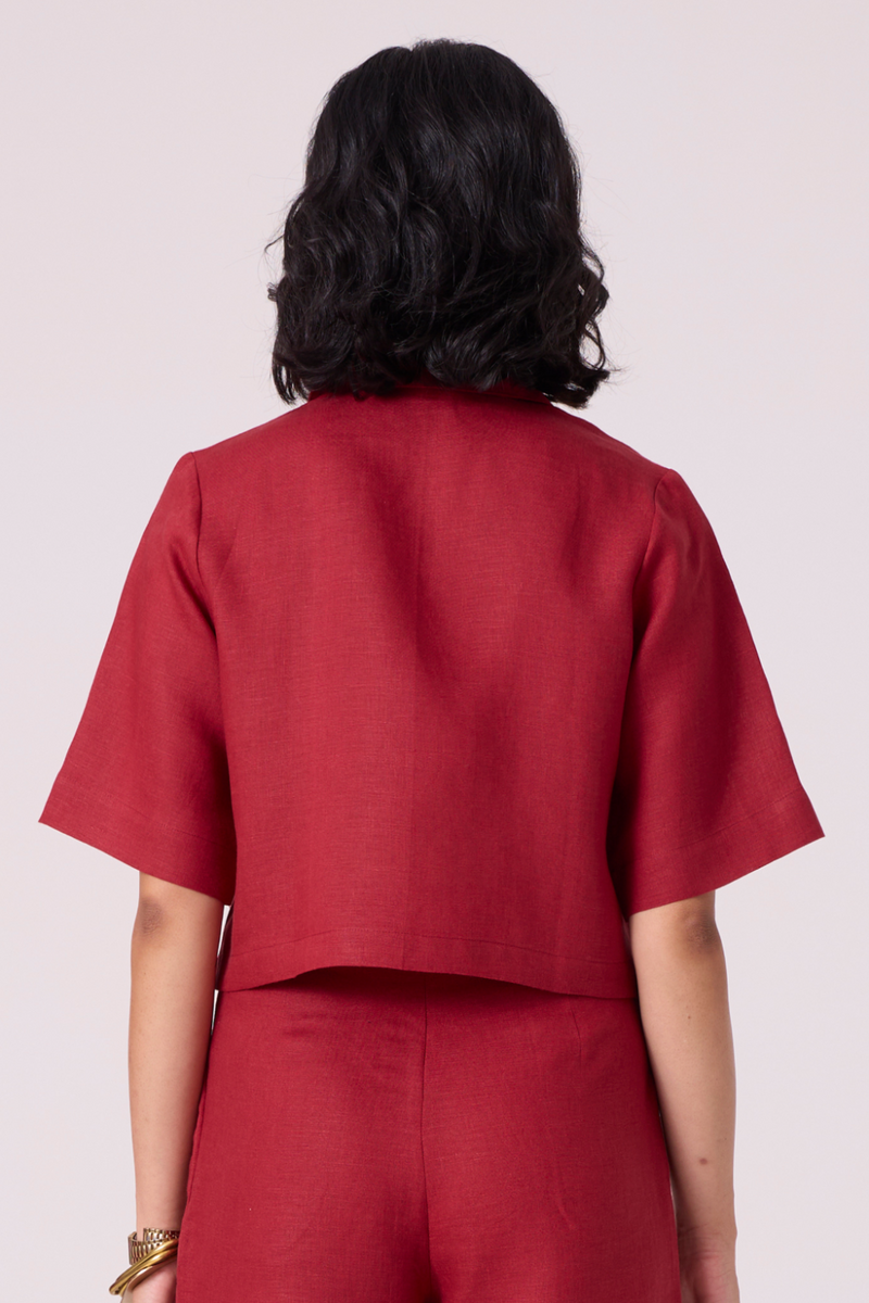 Clyde Red Linen Cropped Shirt all linen by The Summer House in red color for women in Singapore