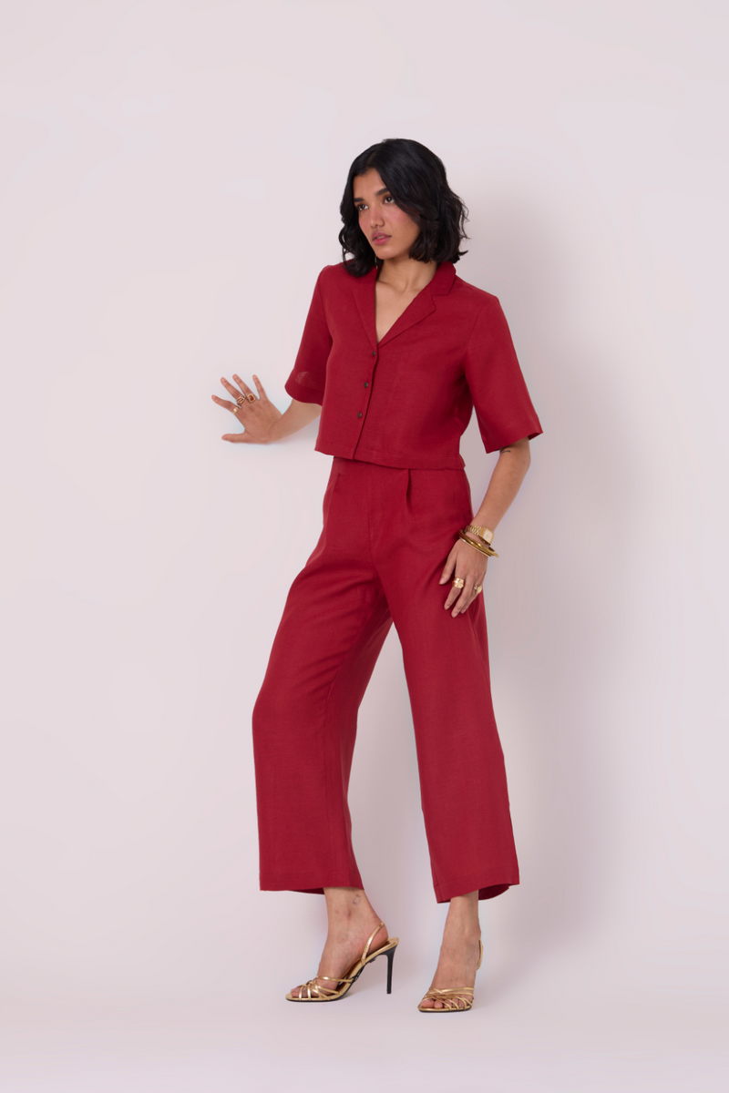 Clyde Red Linen Cropped Shirt all linen by The Summer House in red color for women in Singapore