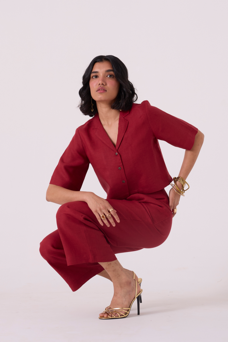 Clyde Red Linen Cropped Shirt all linen by The Summer House in red color for women in Singapore