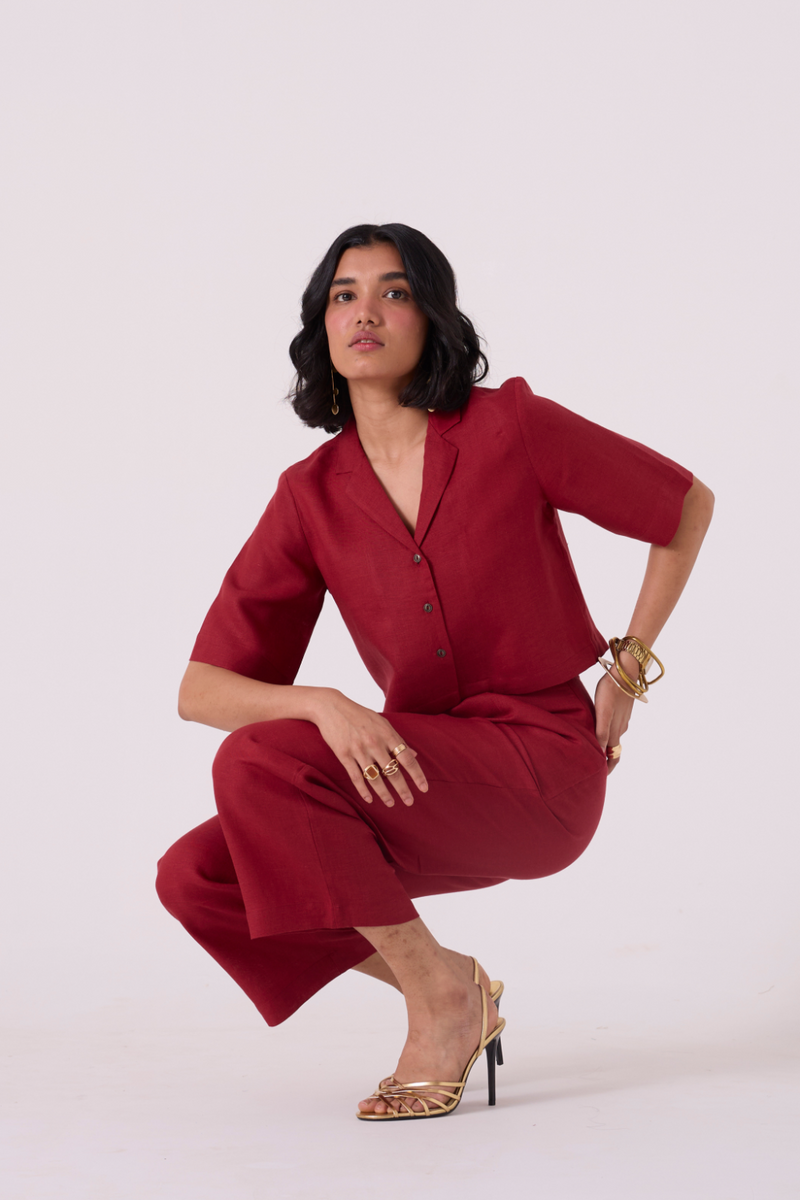 Clyde Red Linen Pants all linen by The Summer House in red color for women in Singapore