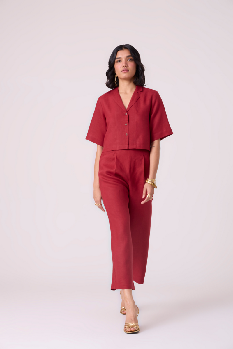 Clyde Red Linen Pants all linen by The Summer House in red color for women in Singapore