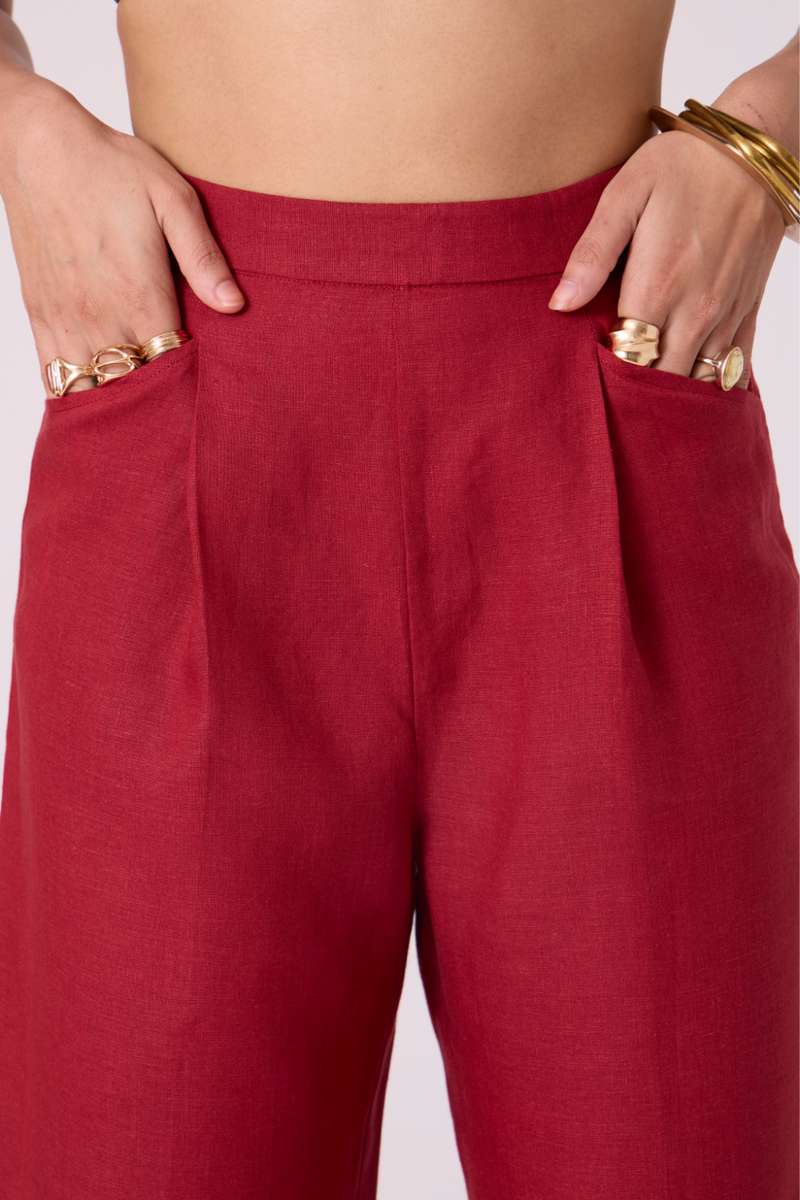 Clyde Red Linen Pants all linen by The Summer House in red color for women in Singapore