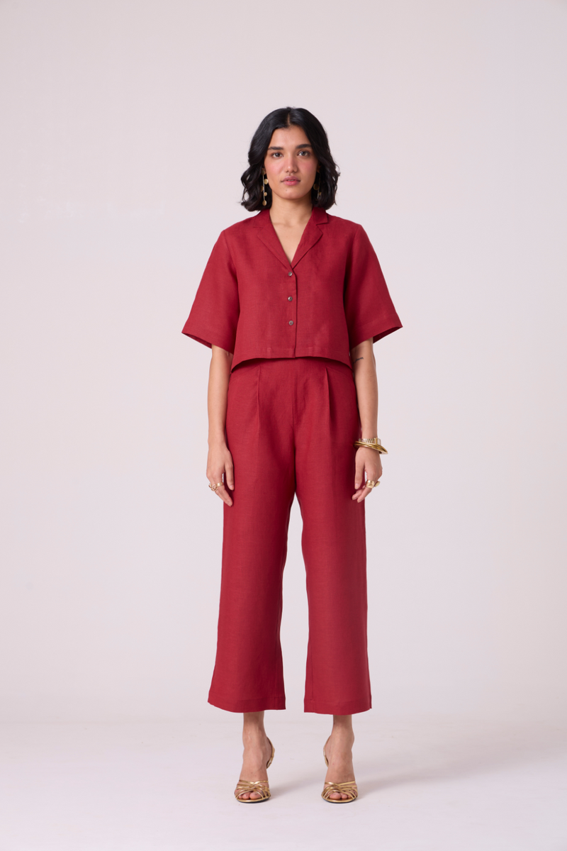 Clyde Red Linen Pants all linen by The Summer House in red color for women in Singapore