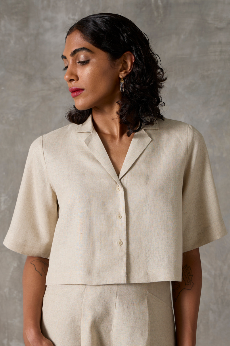 Clyde Top - Beige linen by The Summer House in beige color for women in Singapore