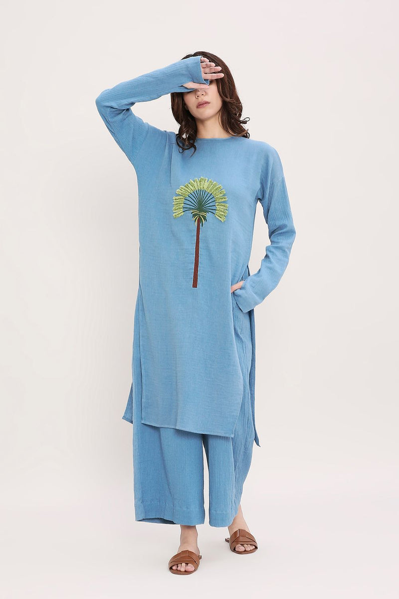 Coco Blue Embroidered Tunic cotton by Mati in blue color for women in Singapore