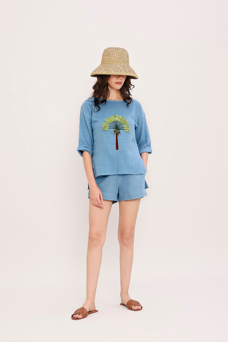 Coco Blue Embroidered Top cotton by Mati in blue color for women in Singapore